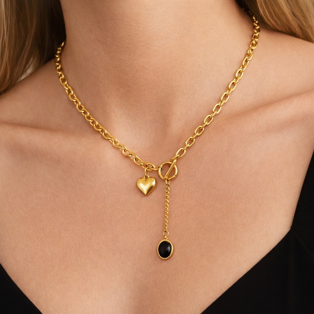 Gold Heart Necklace with Black Stone Drop